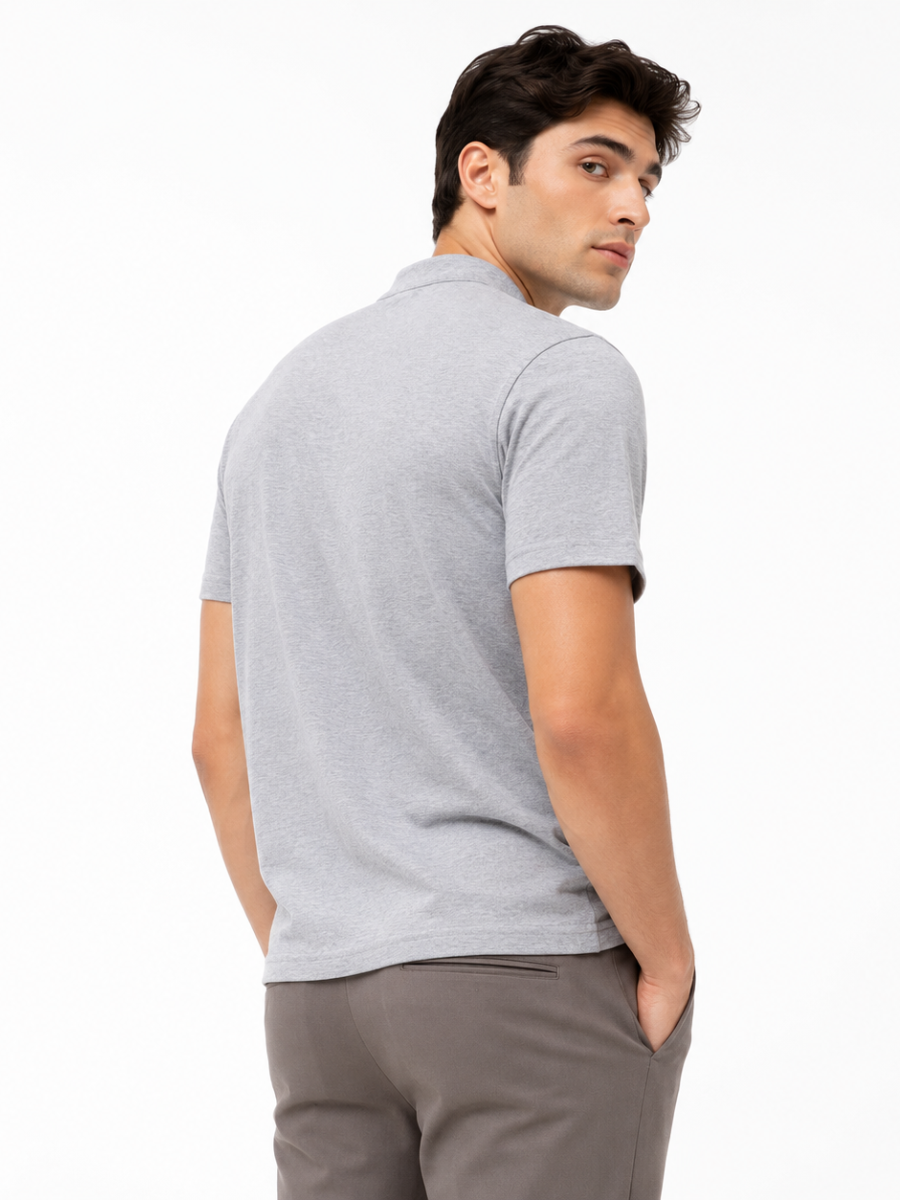 Polo Cuello Mao Gris Melange Algodón Jersey Hombre