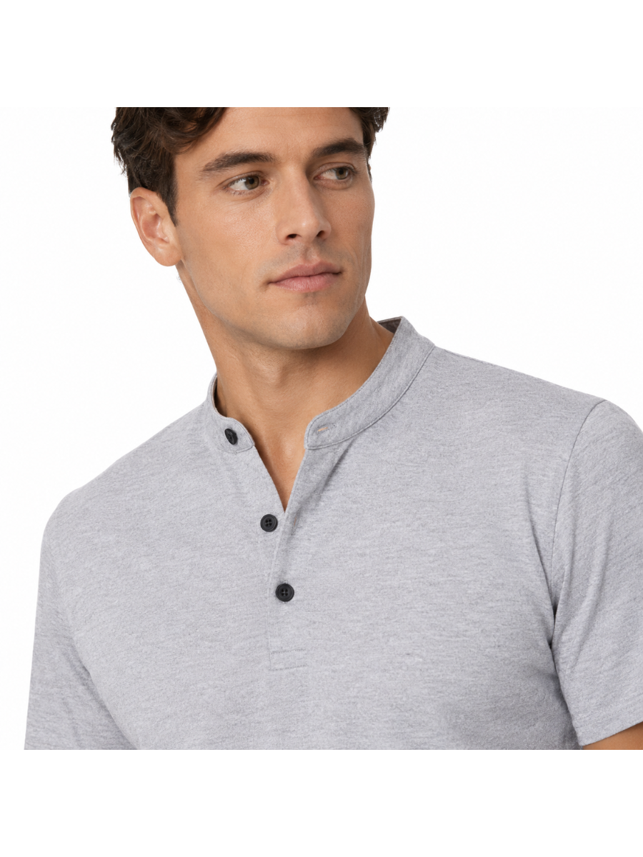 Polo Cuello Mao Gris Melange Algodón Jersey Hombre