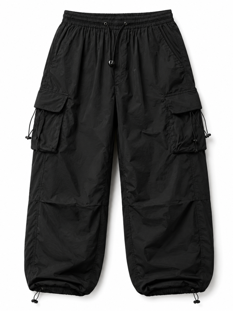 Pantalón Parachute Negro — Tela Mojada | Regulador en Bota | Hombre | ENKI