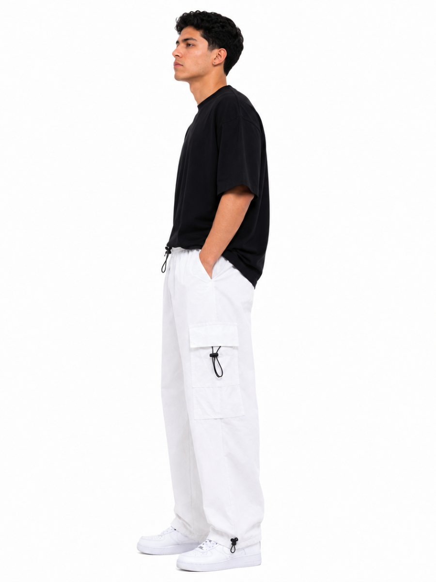 Pantalón Parachute Blanco — Tela Mojada | Regulador en Bota | Cargo | Hombre | ENKI