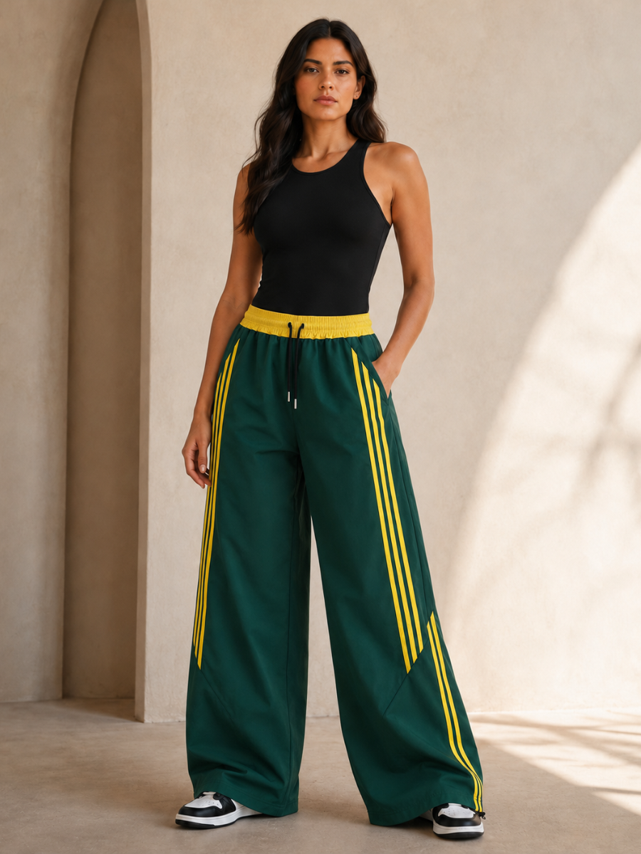 Pantalón Deportivo Parachute Tela Nova Mujer Verde Amarillo | Franjas Bicolor | ENKI ModaStyle