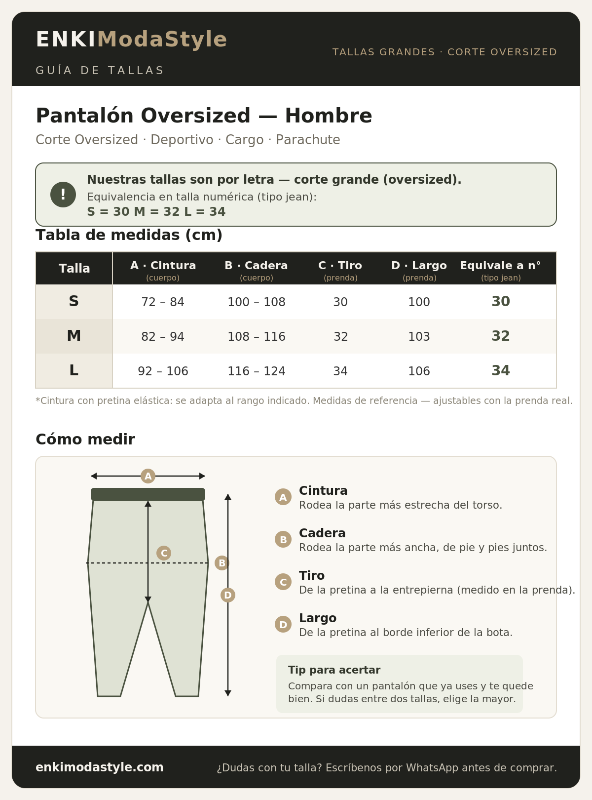Guía de tallas — Pantalón Oversized Hombre — ENKI ModaStyle