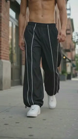 Pantalón Parachute Oversized Hombre Wide Leg Pierna Ancha Negro Tela Mojada 2
