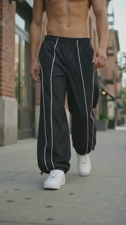 Pantalón Parachute Oversized Hombre Wide Leg Pierna Ancha Negro Tela Mojada