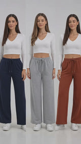 Pack x3 Pantalón Palazzo de Franela Ultra Confort – Azul Marino, Gris Melange y Terracota 2
